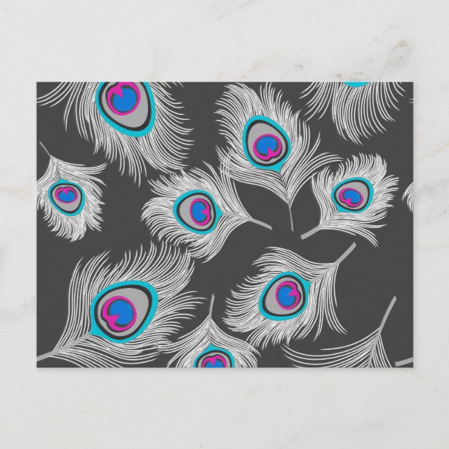 Silver Grey / Grey Peacock Feathers on Dark Grey Postcard (Front)