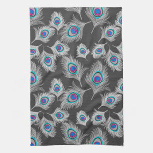 Silver Grey / Grey Peacock Feathers on Dark Grey Tea Towel