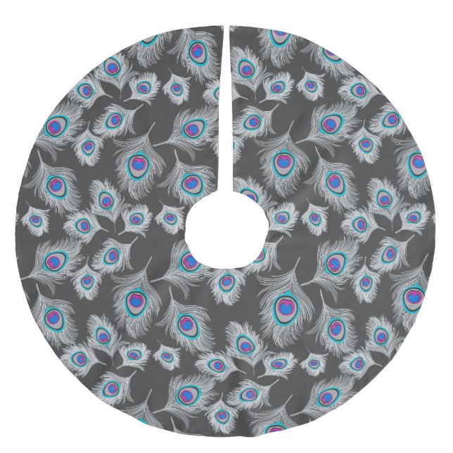 Silver Grey / Grey Peacock Feathers on Graphite Brushed Polyester Tree Skirt (Front)