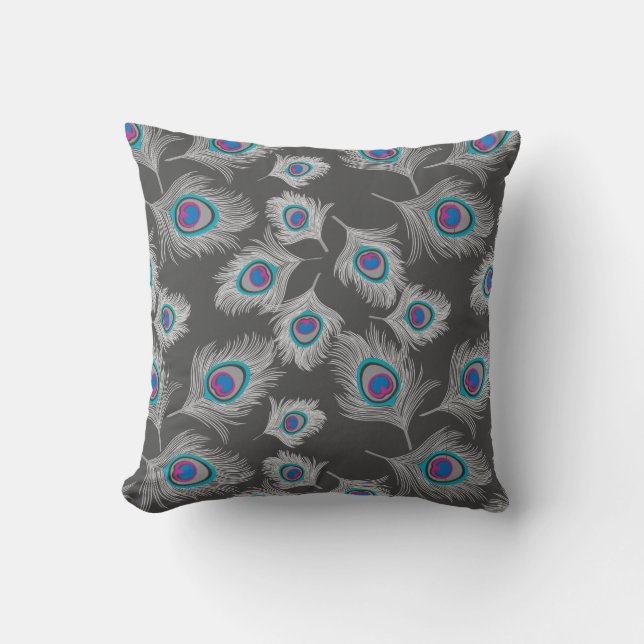 Silver Grey / Grey Peacock Feathers on Graphite Cushion (Front)