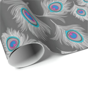 Silver Grey / Grey Peacock Feathers on Graphite Wrapping Paper