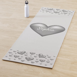 Silver Grey Hearts With Custom Text Yoga Mat