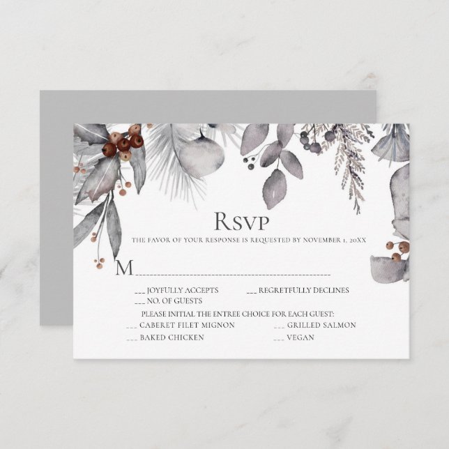 Silver Grey Holly Pine Eucalyptus Rust Berries RSVP Card (Front/Back)