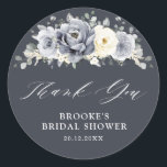 Silver Grey Ivory Floral Bridal Shower Thank you C Classic Round Sticker<br><div class="desc">Elegant floral winter wedding thank you sticker features elegant grey ,  ivory and silver watercolor flower bouquet frosty-hued greenery. Please contact me for any help in customisation or if you need any other product with this design.</div>