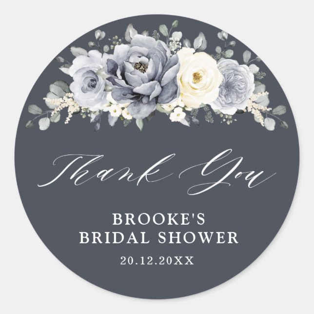 Silver Grey Ivory Floral Bridal Shower Thank you C Classic Round Sticker (Front)