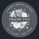 Silver Grey Ivory Floral  Bridal Shower Thank you  Classic Round Sticker<br><div class="desc">Elegant floral winter bridal shower thank you sticker features elegant grey ,  ivory and silver watercolor flower bouquet frosty-hued greenery. Please contact me for any help in customisation or if you need any other product with this design.</div>