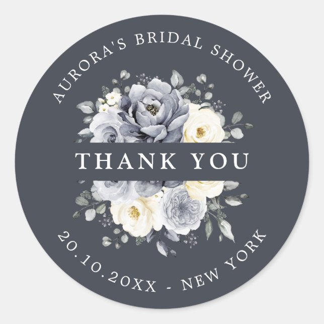 Silver Grey Ivory Floral  Bridal Shower Thank you  Classic Round Sticker (Front)
