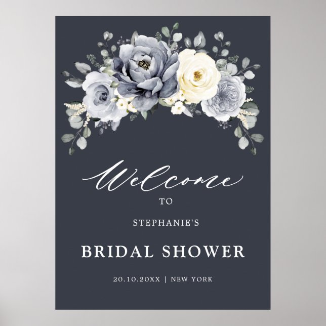 Silver Grey Ivory Floral  Bridal Shower Welcome Po Poster (Front)
