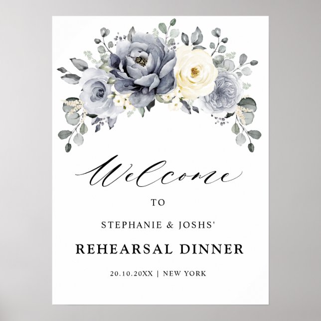 Silver Grey Ivory Floral  Rehearsal Dinner Welcome Poster (Front)