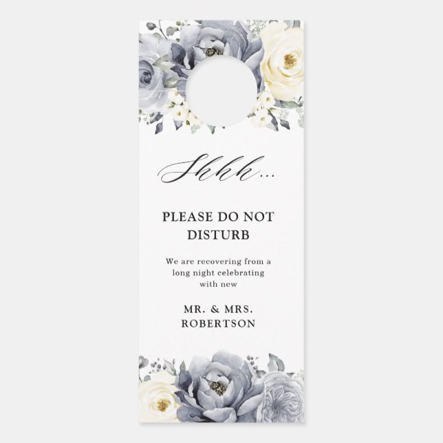 Silver Grey Ivory Floral Wedding Do Not Disturb Door Hanger (Front)