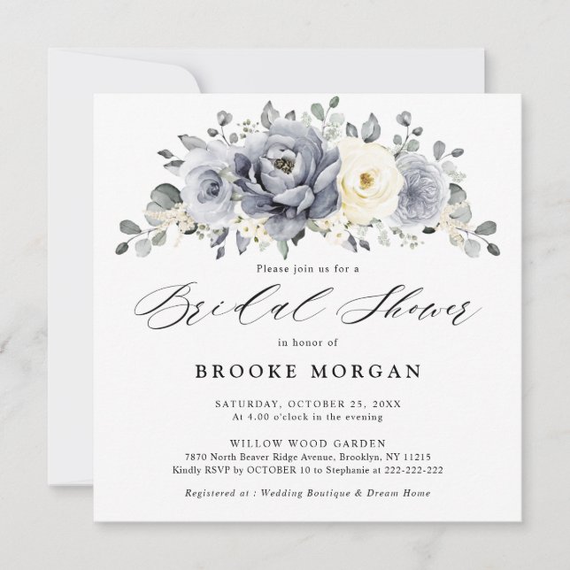 Silver Grey Ivory Floral Winter Boho Bridal Shower Invitation (Front)