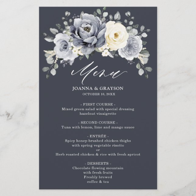 Silver Grey Ivory Floral Winter Boho Wedding Menu (Front)