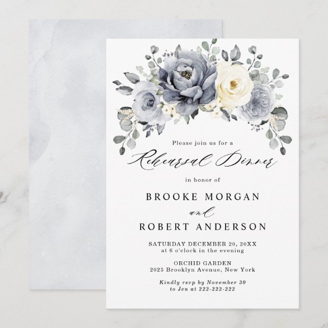 Silver Grey Ivory Floral Winter  Rehearsal Dinner Invitation (Front/Back)