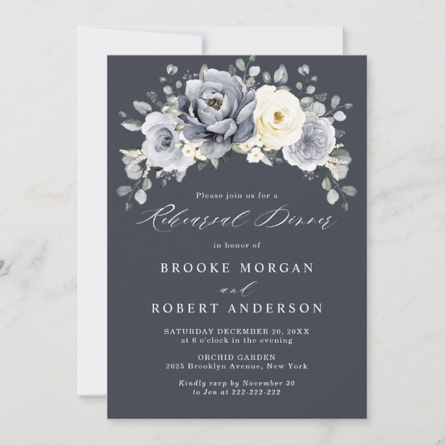 Silver Grey Ivory Floral Winter  Rehearsal Dinner  Invitation (Front)