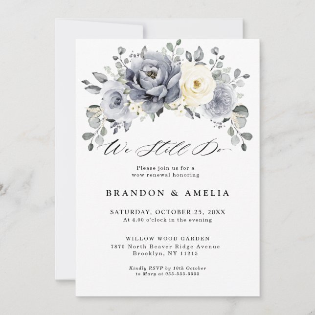 Silver Grey Ivory Floral Winter Rustic We still do Invitation (Front)