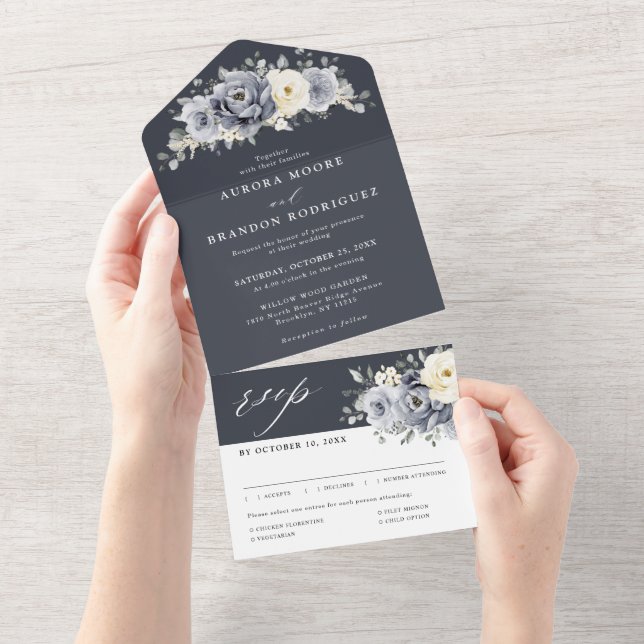 Silver Grey Ivory Floral Winter Rustic Wedding All In One Invitation (Tearaway)