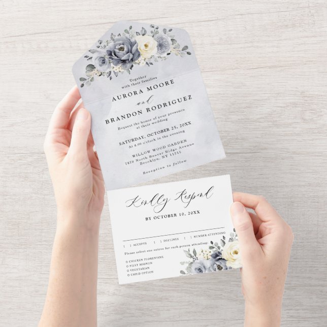 Silver Grey Ivory Floral Winter Rustic Wedding All In One Invitation (Tearaway)