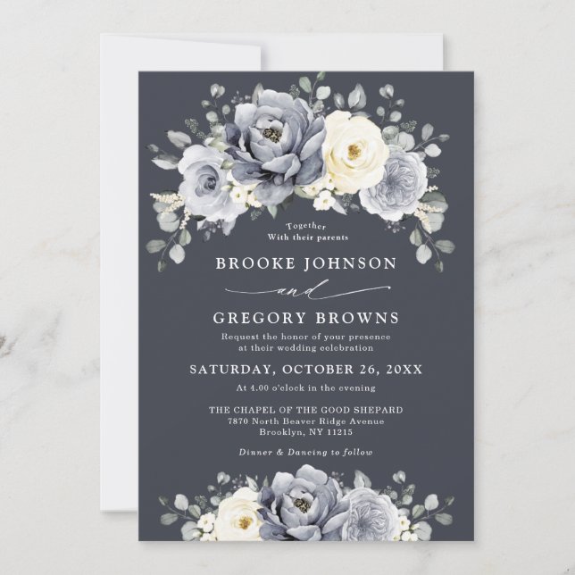 Silver Grey Ivory Floral Winter Rustic Wedding Inv Invitation (Front)