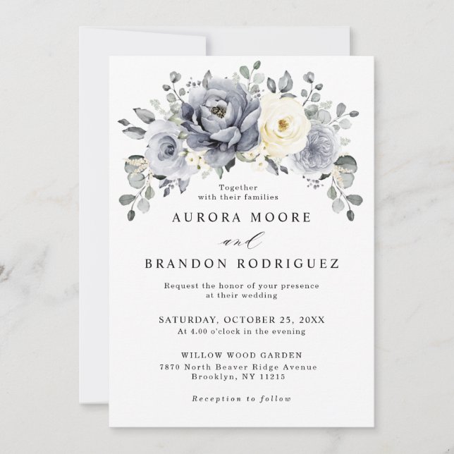 Silver Grey Ivory Floral Winter Rustic Wedding Inv Invitation (Front)