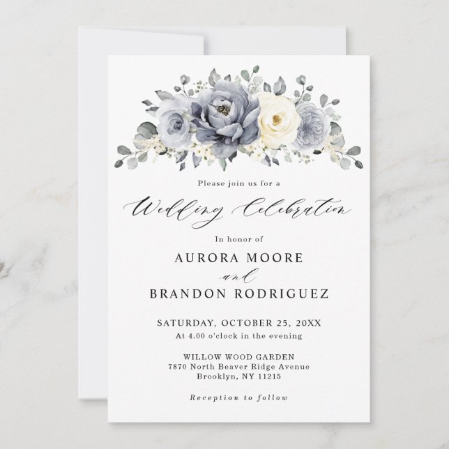 Silver Grey Ivory Floral Winter Rustic Wedding Invitation (Front)