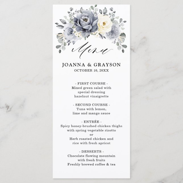 Silver Grey Ivory Floral Winter Rustic Wedding Menu (Front)