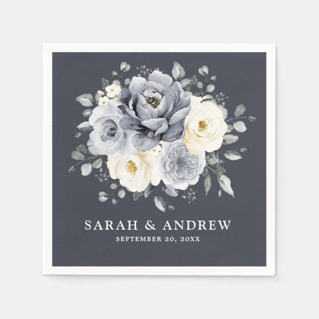 Silver Grey Ivory Floral Winter Rustic Wedding Nap Napkin (Front)