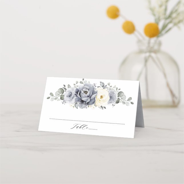 Silver Grey Ivory Floral Winter Rustic Wedding Place Card (Front)