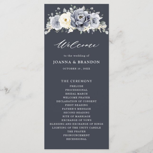 Silver Grey Ivory Floral Winter Rustic Wedding Pro Programme (Front)