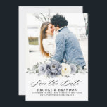 Silver Grey Ivory Floral Winter Rustic Wedding Sav Save The Date<br><div class="desc">Elegant floral winter photo save the date card features elegant grey ,  ivory and silver watercolor flower bouquet frosty-hued greenery. Please contact me for any help in customisation or if you need any other product with this design.</div>