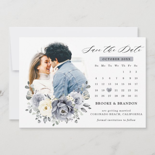 Silver Grey Ivory Floral Winter Rustic Wedding Save The Date (Front)