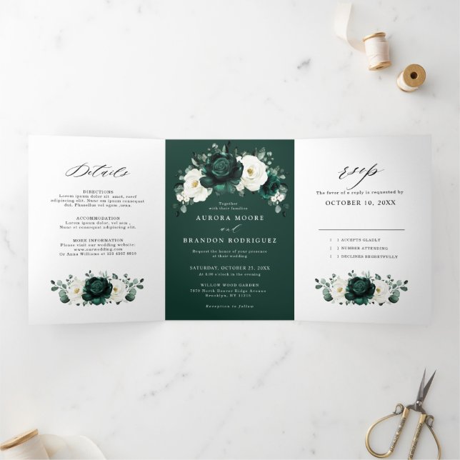 Silver Grey Ivory Floral Winter Rustic Wedding Tri Tri-Fold Announcement (Inside)
