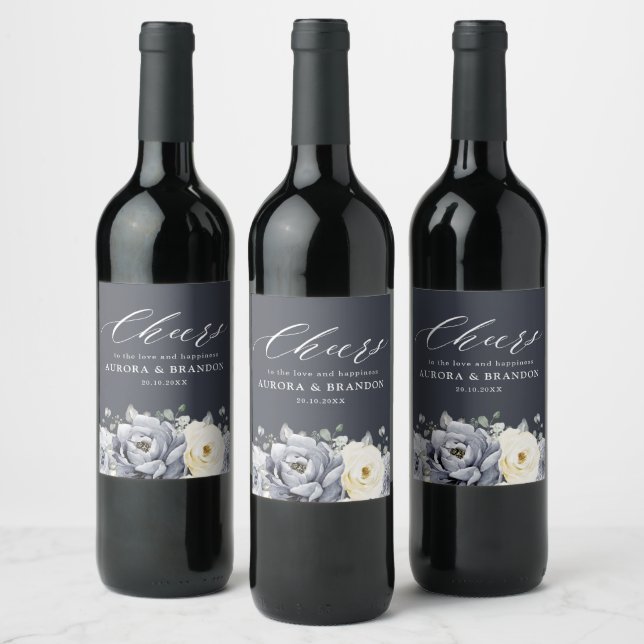 Silver Grey Ivory Floral Winter Rustic Wedding Win Wine Label (Bottles)
