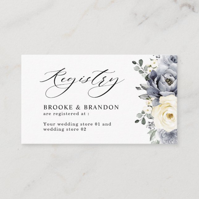 Silver Grey Ivory Floral Winter Wedding Registry Enclosure Card (Front)