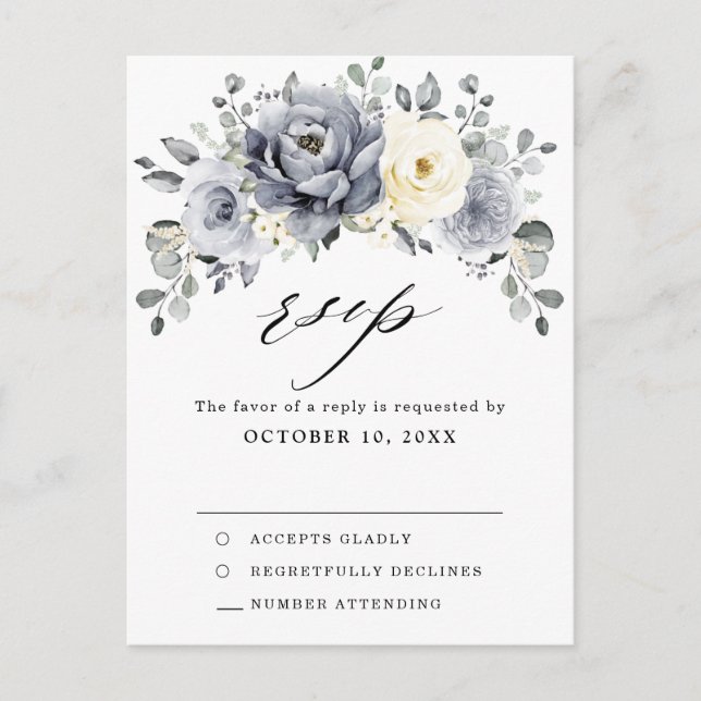 Silver Grey Ivory Floral Winter  Wedding RSVP Postcard (Front)