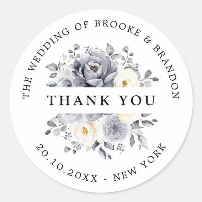 Silver Grey Ivory Floral Winter Wedding Thank you Classic Round Sticker (Front)