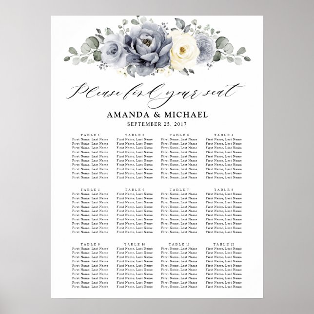 Silver Grey Ivory  Winter Wedding Seating Chart (Front)
