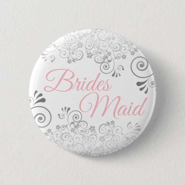 Silver Grey Lace Frills & Pink Elegant Bridesmaid 6 Cm Round Badge (Front)