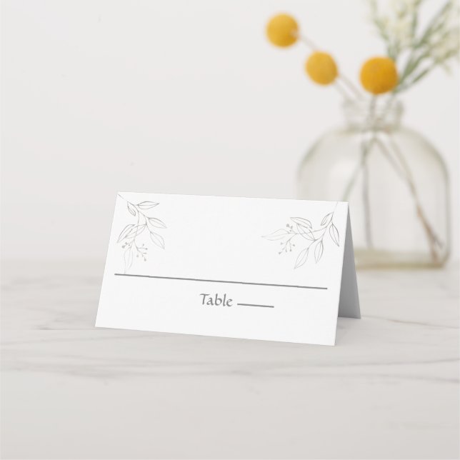 Silver Grey Leaves Botanical Elegant Wedding Place Card (Front)