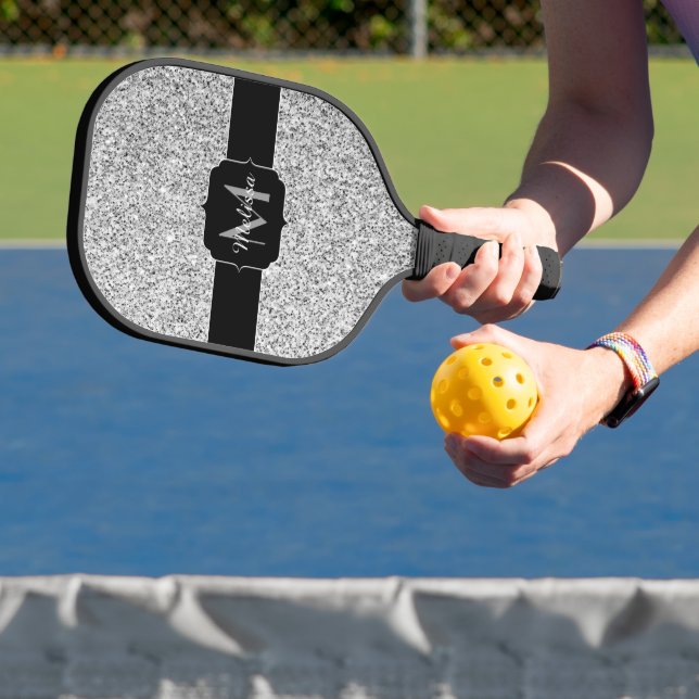 Silver grey light faux glitter sparkles Monogram Pickleball Paddle (Insitu)