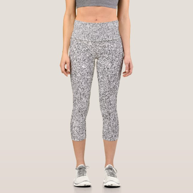 Silver grey light glitter sparkles black white capri leggings (Front)