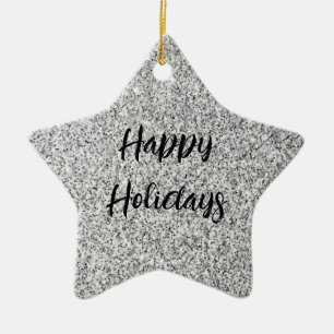 Silver grey light glitter sparkles Custom name Ceramic Tree Decoration
