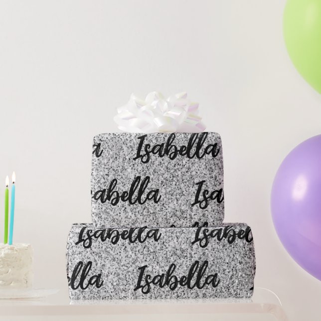 Silver grey light glitter sparkles Custom name Wrapping Paper (Party Gifts)