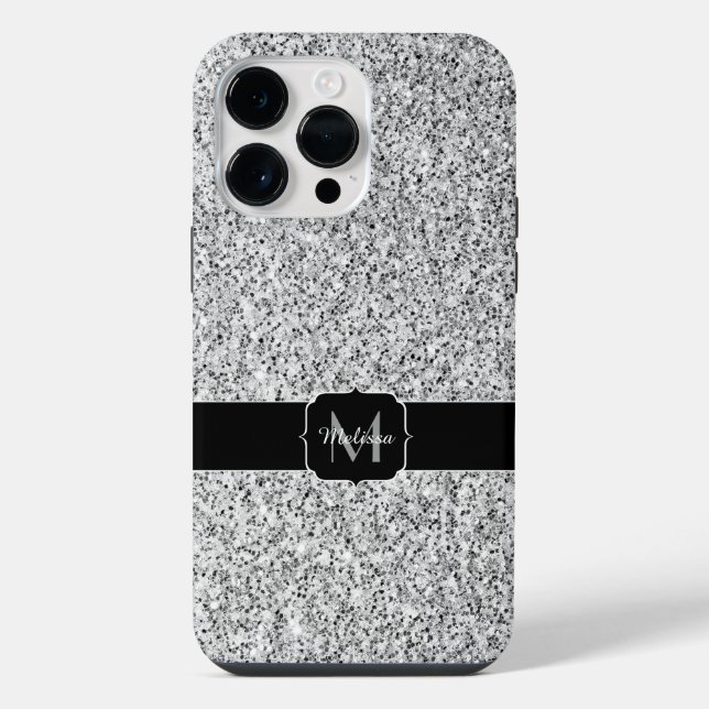 Silver grey light glitter sparkles Monogram iPhone Case (Back)