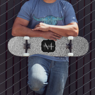 Silver grey light glitter sparkles Monogram Skateboard