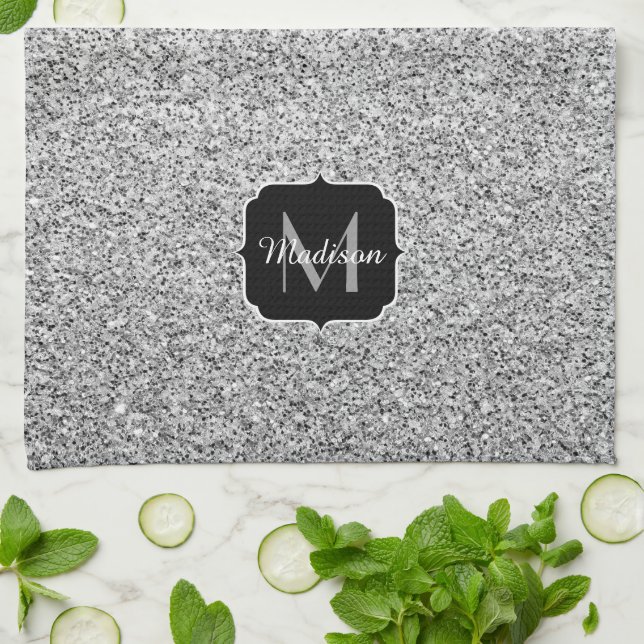 Silver grey light glitter sparkles Monogram Tea Towel (Folded)