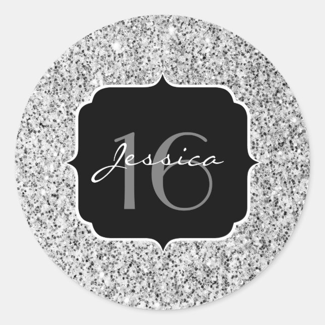 Silver grey light glitter sparkles Sweet 16 Classic Round Sticker (Front)