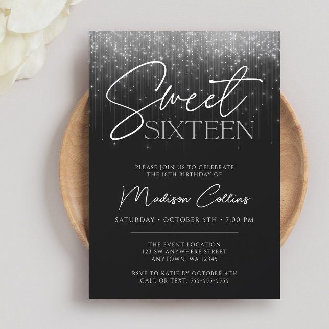 Silver Grey Lights Black Sweet 16 Invitation (Creator Uploaded)