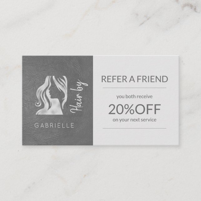 Silver Grey Logo Hairstyle Refer a Friend Template Referral Card (Front)