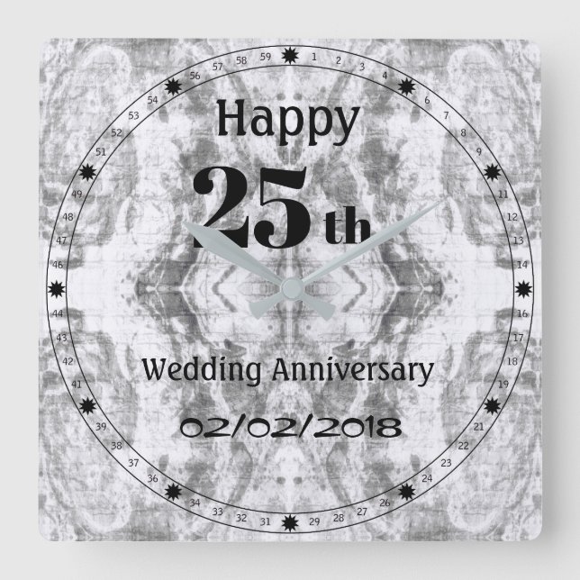 Silver Grey Marble 25th Wedding Anniversary Square Wall Clock (Front)