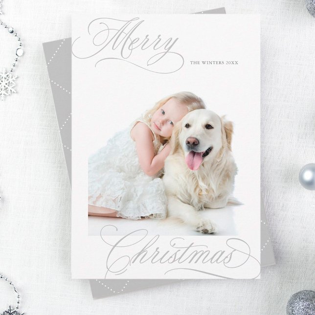 Silver Grey Merry Christmas Script Minimal Photo Holiday Card (Creator Uploaded)